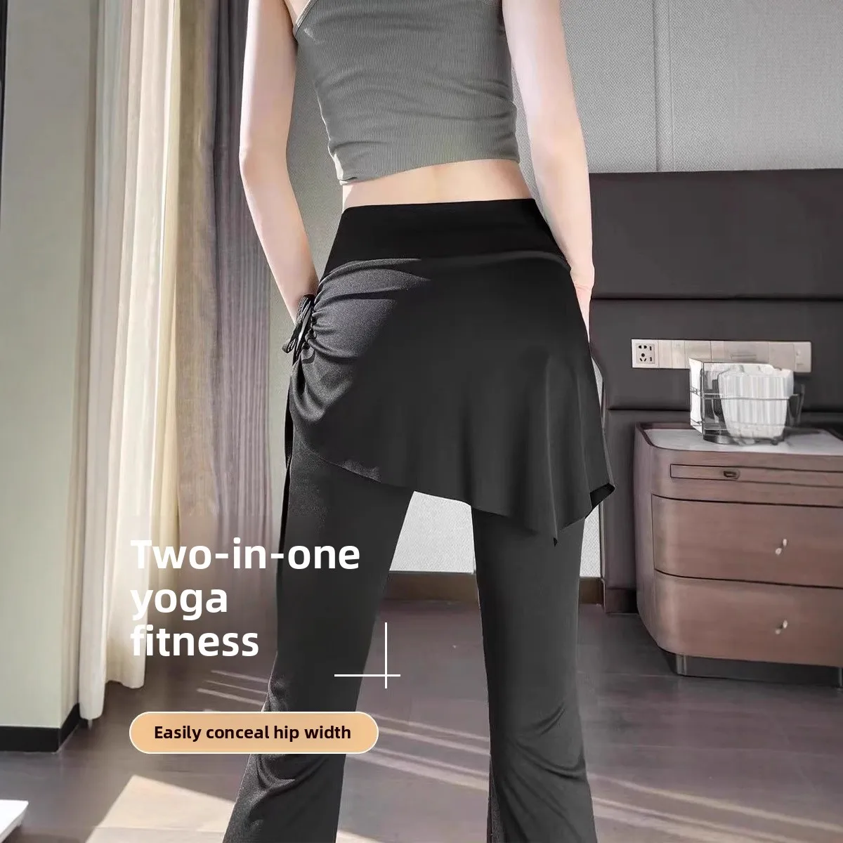 High Waist Yoga Pants Skirt Fake Two-Piece Fitn Pilates Women's Bell Bot Long Trousers Drapey Cosite Fabric