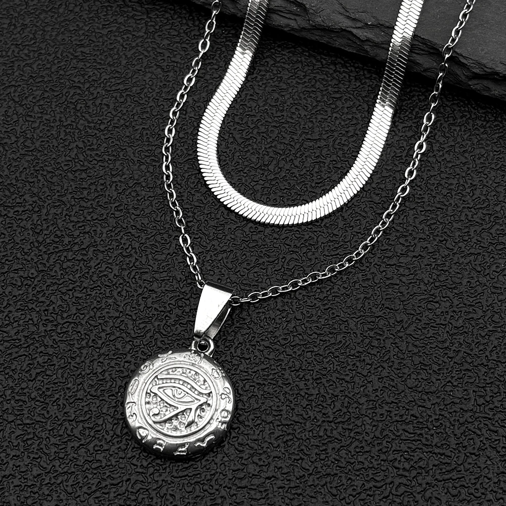 Stainless Steel Egyptian Eyes Hieroglyph Chain Necklace for Women Men Gold Color Eye of Ra Horus Symbol Pendant Necklace Jewelry