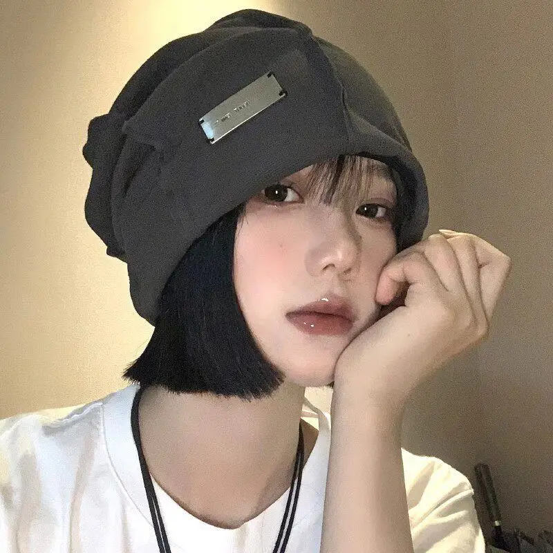 New Style Spring Autumn Thin Metal Tag Splicing Beanie Hat Women Korean Style Overhead Large Head Circumference Moon Hat Cold...