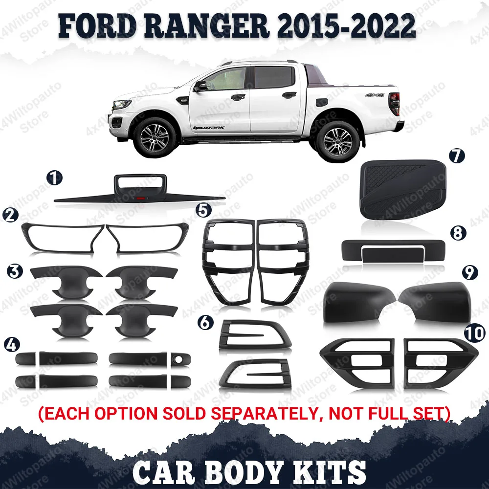 Coperture per fari anteriori, protezioni per prese d'aria laterali, coperture per fanali posteriori per Ford Ranger 2015-2022 Wildtrak XLT XLS XL, inserti per maniglie delle portiere.