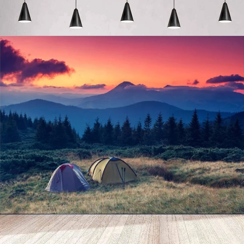 Photography Backdrop Forest Scene Camping Camp Sunset Mountain Outdoor Travel Holiday Vacation Background Wall Banner Poster