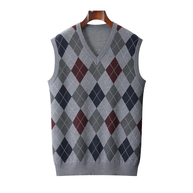 SHAN BAO spring brand 4XL 5XL 6XL 7XL 8XL V-neck knitted vest Classic high-quality rhombus men\'s plaid pullover wool sweater