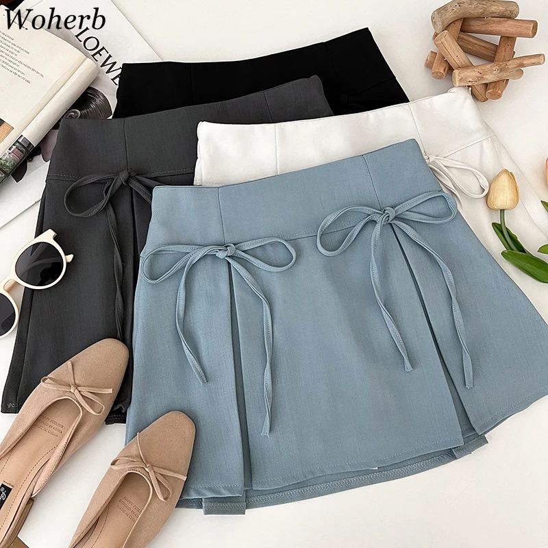 

Split Mini Skirts for Women Preppy Style Korean Saia Fashion Sweet Jupe High Waist Bow Solid Y2k Skirt 2024 Faldas Mujer De Moda