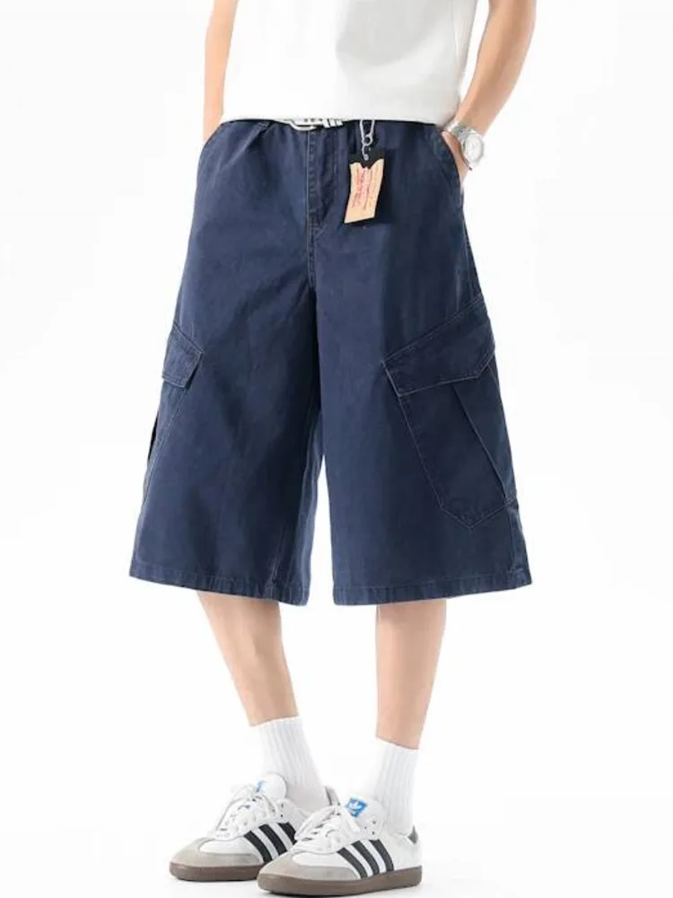 Washed Men's Multipocket Workwear Blue Cropped Pants Straight Loose Wide Leg Casual Summer Shorts Casual Bottoms KG4W