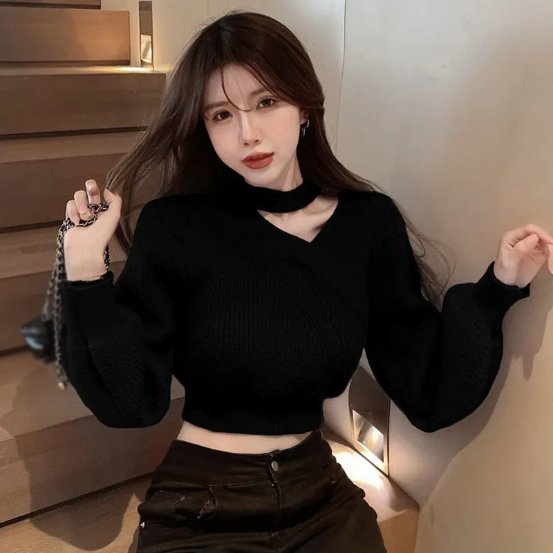 Women Cross Neck Halter Sweater Autumn Winter Knit Long Sleeved Sweater Female Warm V-neck Off Shoulder Pullovers Sexy Jumpers