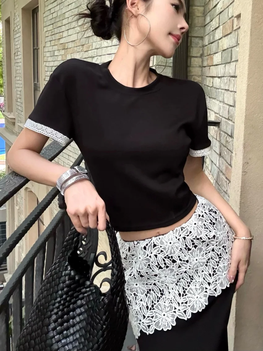 Alien Kitty-Conjunto de dos piezas suave para mujer, camisetas ajustadas de oficina para mujer, trajes de faldas de encaje informales de cintura alta, verano 2025, 2025