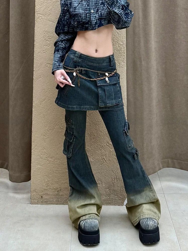 

Американские джинсы High Street с уникальным дизайном, имитацией кожаных вставок, эффектом наложения, женские, с эффектом выцветания, градиентные, микро-клеш.