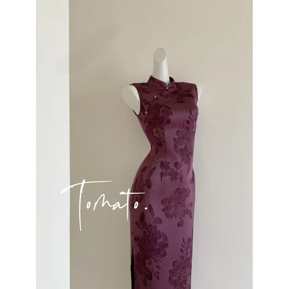 Chinese Style Hong Kong Style Cheongsam Sleeveless Slimming Satin Sexy Purple Qipao Women Wedding Party Evening Dress CH-113
