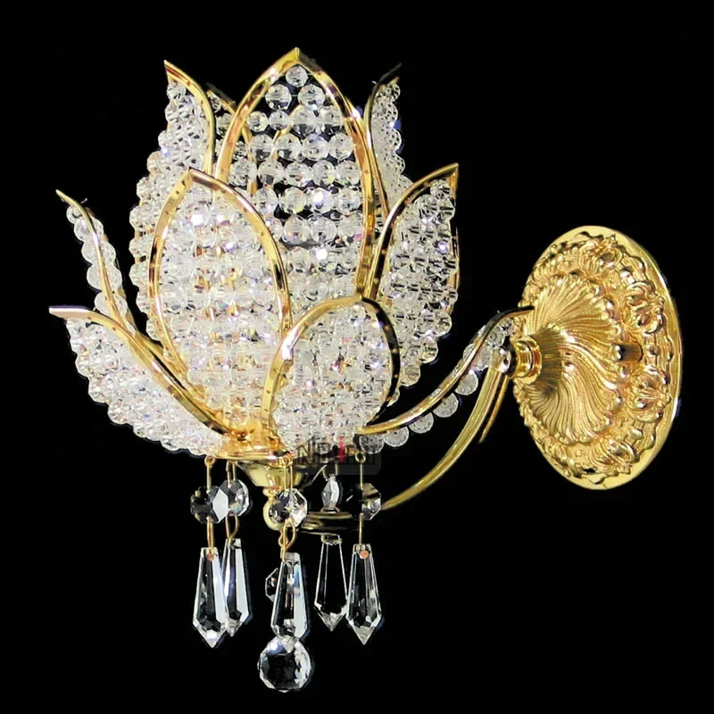 Lotus Crystal Light Golden Bedroom Dining Room Crystal Wall Lamp in Living Room