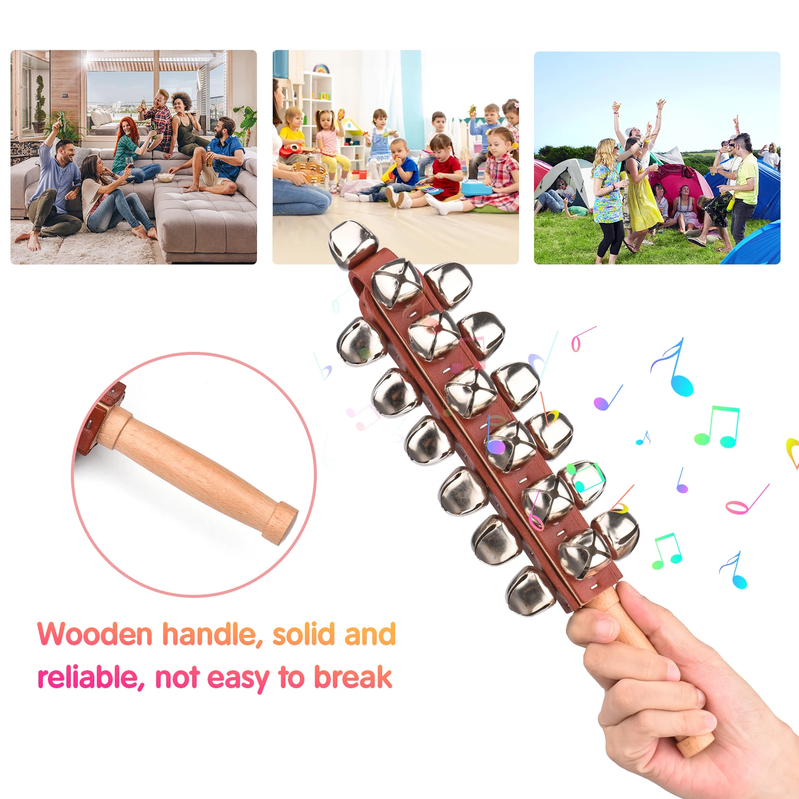 Hand Jingle Bells Hand Sleigh Bells Wooden Shaker Jingle Bells Stick Musical Percussion Instrument Bells for Home Decoration