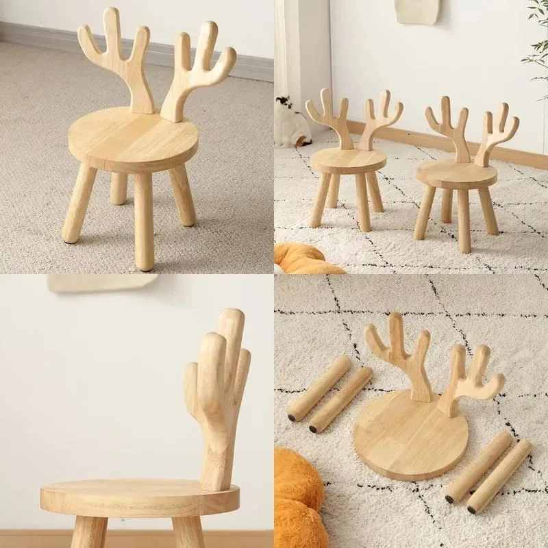 Solid Wood Round Backrest Shoe Changing Stool Modern Simple Deer Shaped Design Living Room Detachable Seat for Adults Elderly