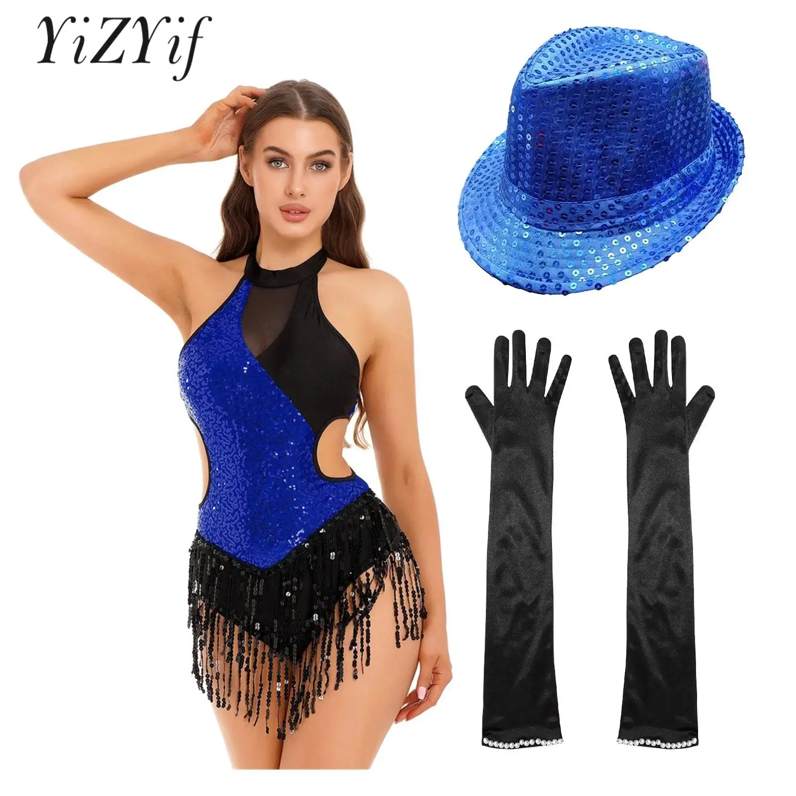 

Womens Latin Cha-Cha Tango Dance Performance Costume Set Shiny Sequined Patchwork Bodysuit Fringed Leotard with Gloves Hat 3Pcs