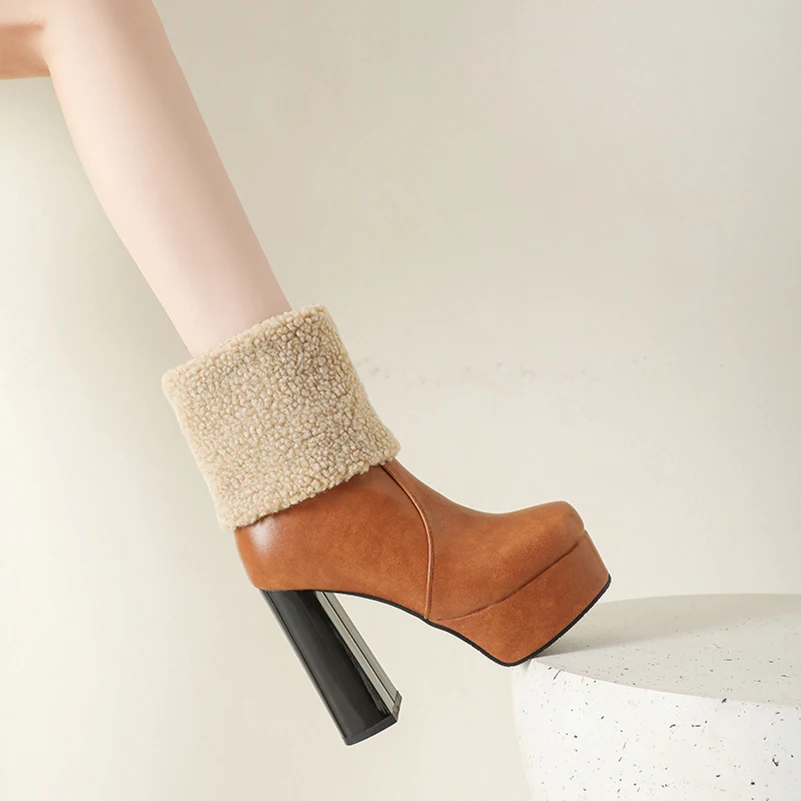 Plus Size Women's Ankle Boots Faux Lamb Wool Cuff Chunky High Heel Platform Side Zipper Warm Winter Short Boots For Ladies