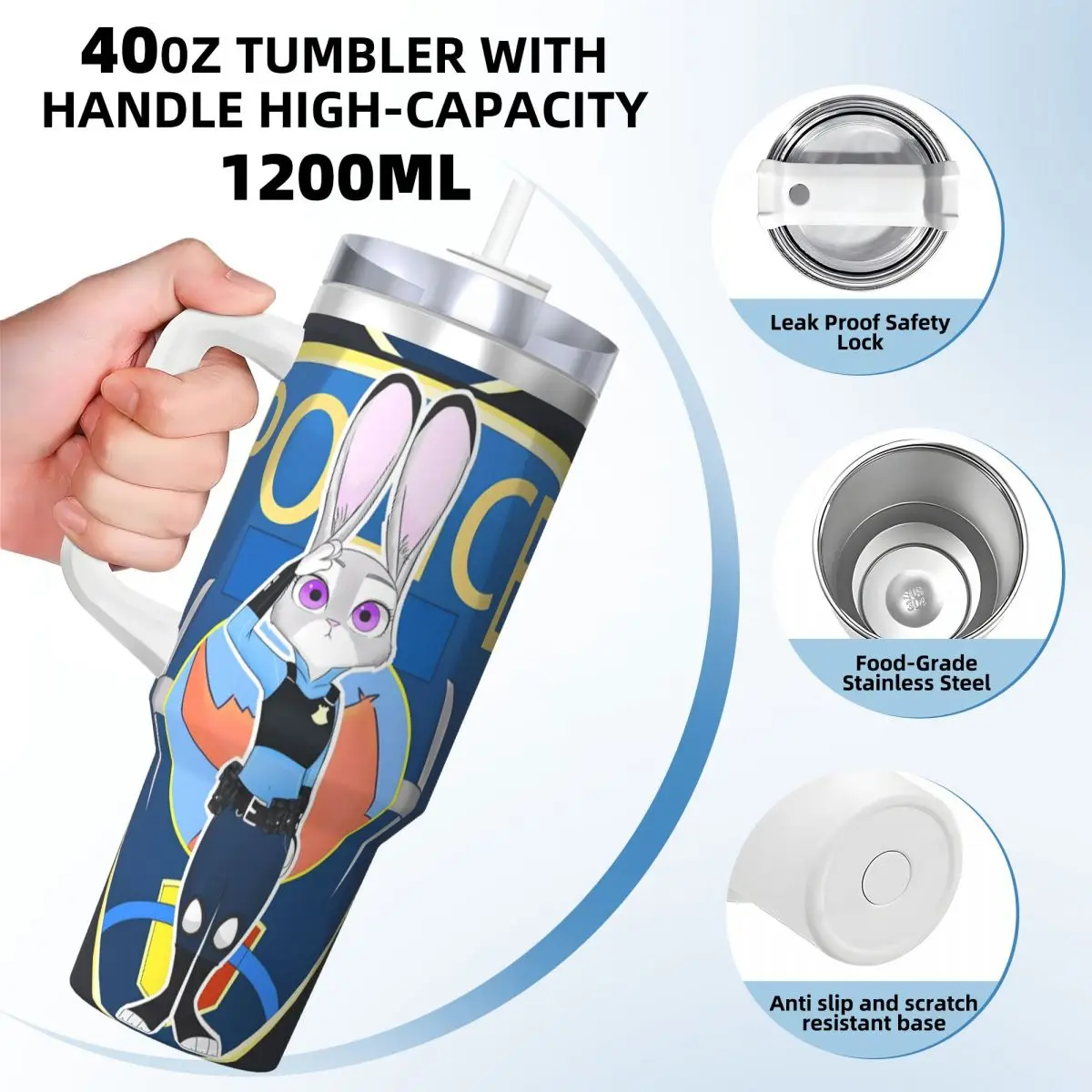 Edelstahl-Becher Zootopia Nick Judy Anime-Autobecher mit Strohhalmen, Camping-Kaltwasserflasche, isolierte große Thermobecher