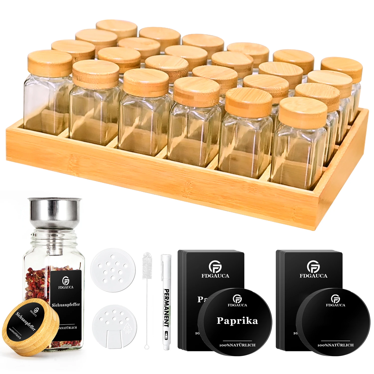 Portaspezie in bambù naturale con 24 barattoli di spezie quadrati in vetro e 180 etichette nere, organizer per spezie per un facile spostamento