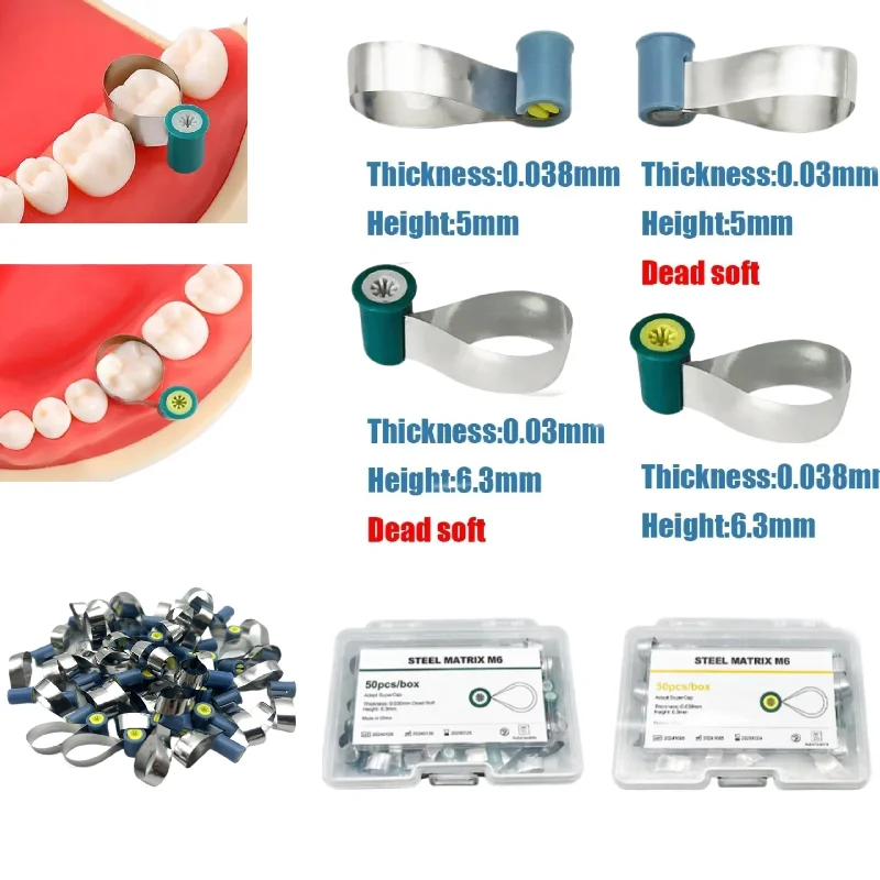 50Pcs Dentistry Matrix Bands Height 5/6mm Double-Side Contoured Anatomically Shaped Matrix Bands Knob Dental  Loop Matrices Tool
