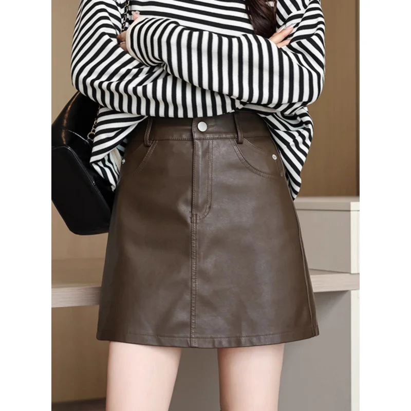 Leather Skirt Skirt Ladies2024Autumn and Winter New High Waist TemperamentaLine Skirt Anti-Exposure Commuting Figure Flatteringp