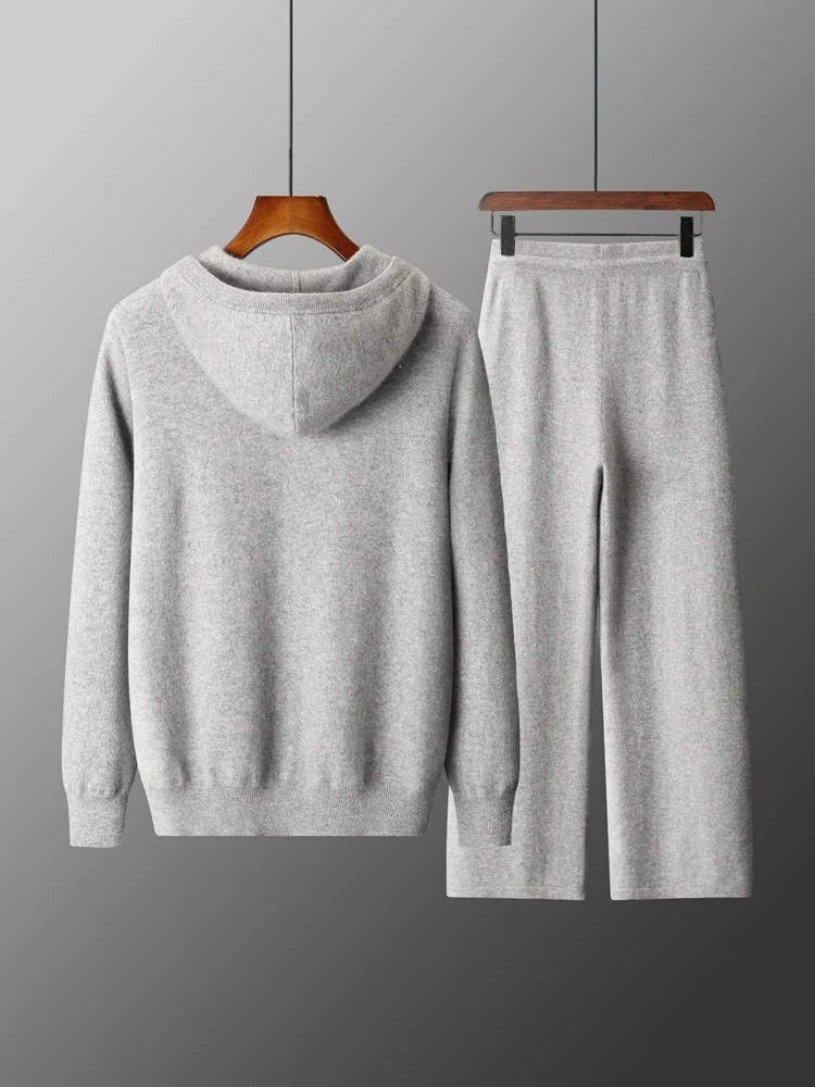 Men's Two-piece Sets 100% Merino Wool Knitting Hooded Collar Cardigan and Wide-leg Pant Autumn Winter Thickened Warm Clothing