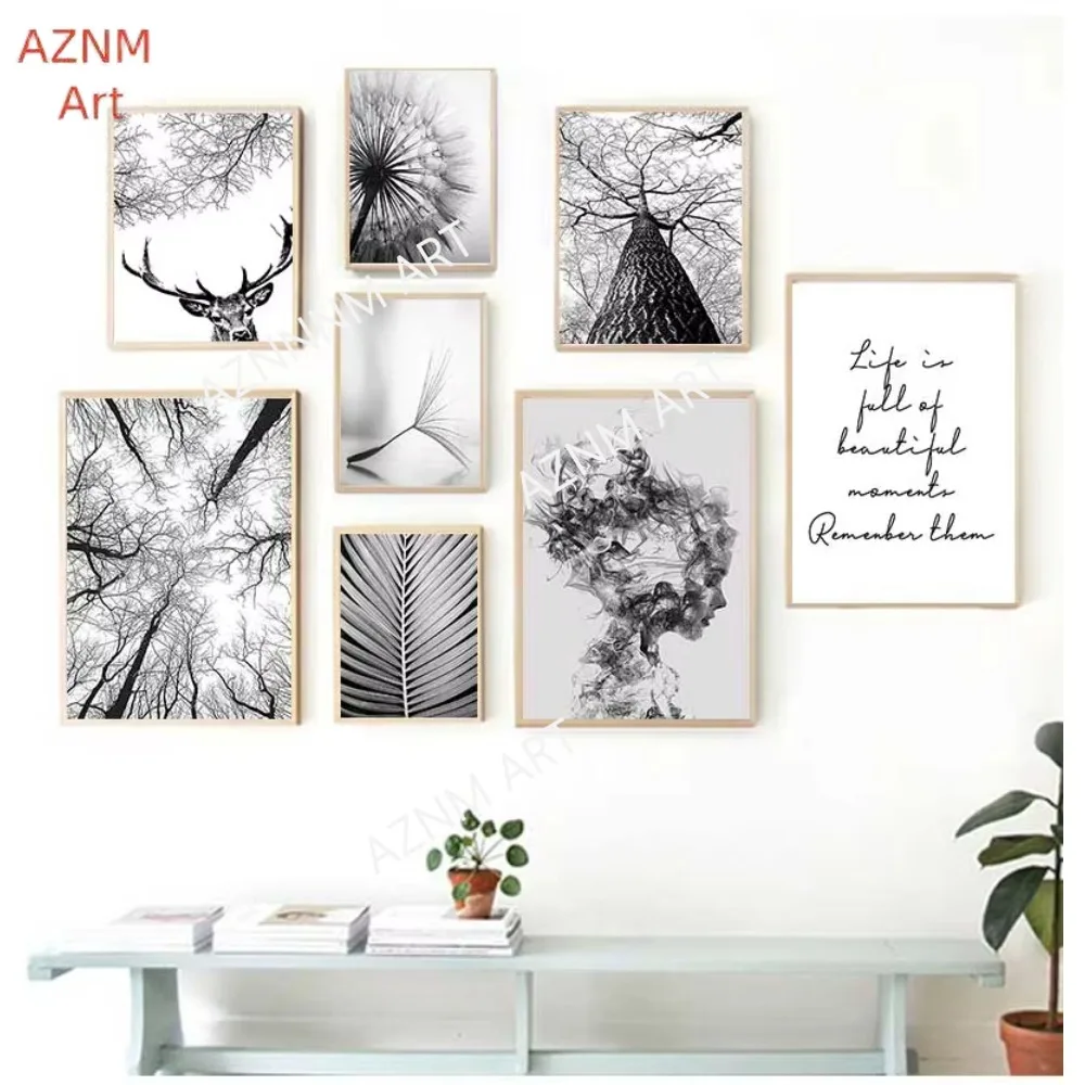 1PC, Wohnzimmer Abstrakte Wand Poster Feder Blätter Löwenzahn Blume Leinwand Malerei Moderne Schwarz Weiß Kunst Bilder für hause