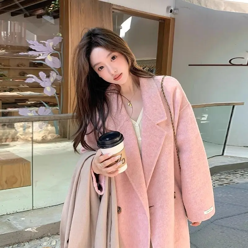 

Pink Double-Sided Woolen Coat Women's Outerwear 2025 New Korean Style Autumn Winter Fashion Medium-Length Tweed Jacket