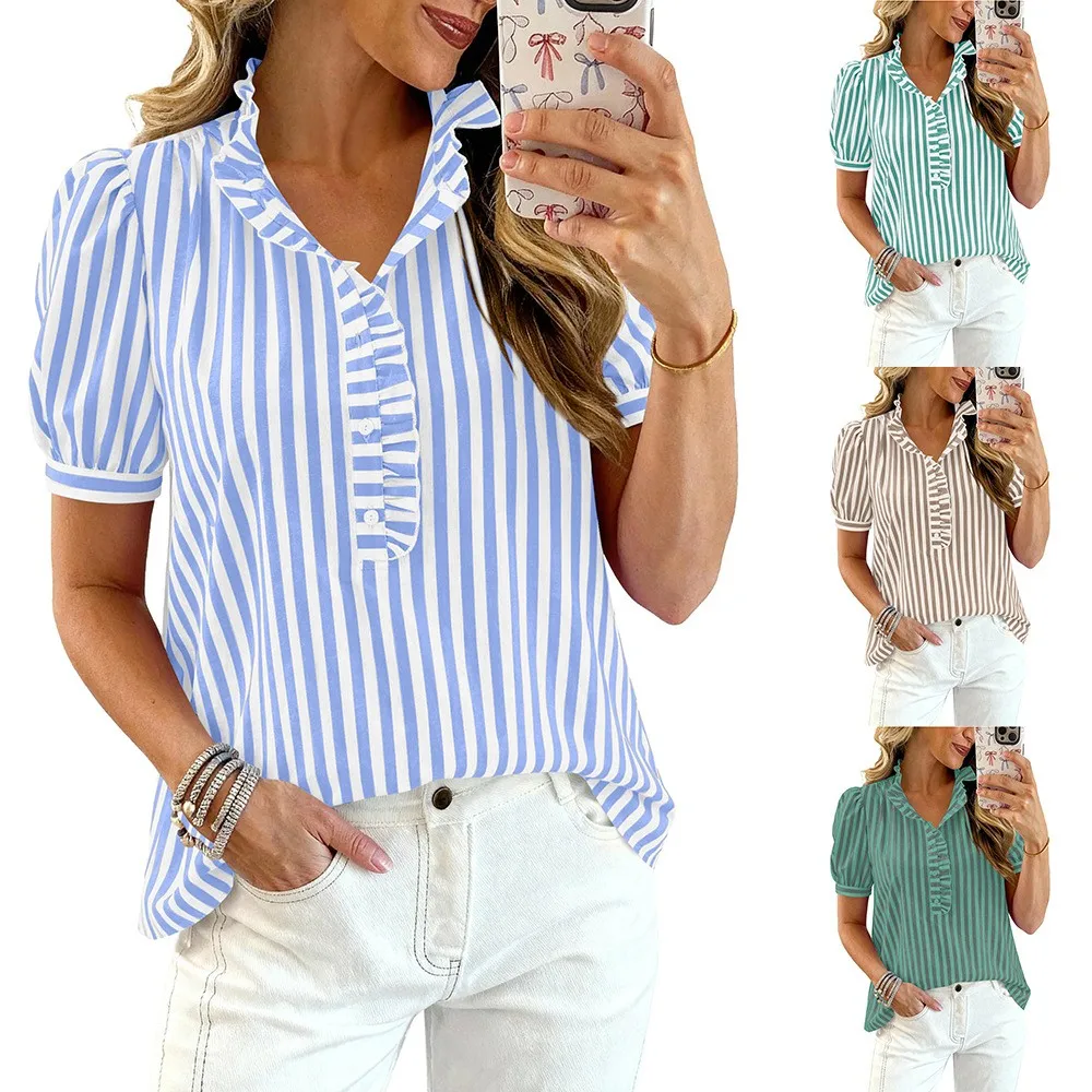 

Women Blouse Cotton Woven Striped Blouses Ruffle Collar Puff Sleeve Button Up Shirt Blue White Stripe Loose Fit Casual Shirt