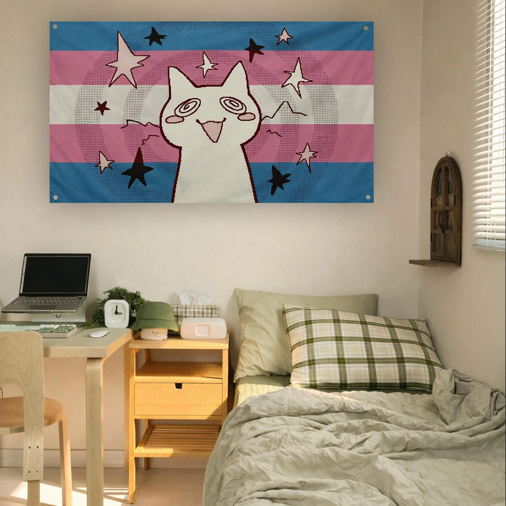 1pc Trans Pride Flag Dizzy Cat Tapestry, Cartoon Star Trippy Cat Transgender Multiple Sizes, Polyester 2D Print, Bedroom Decor,