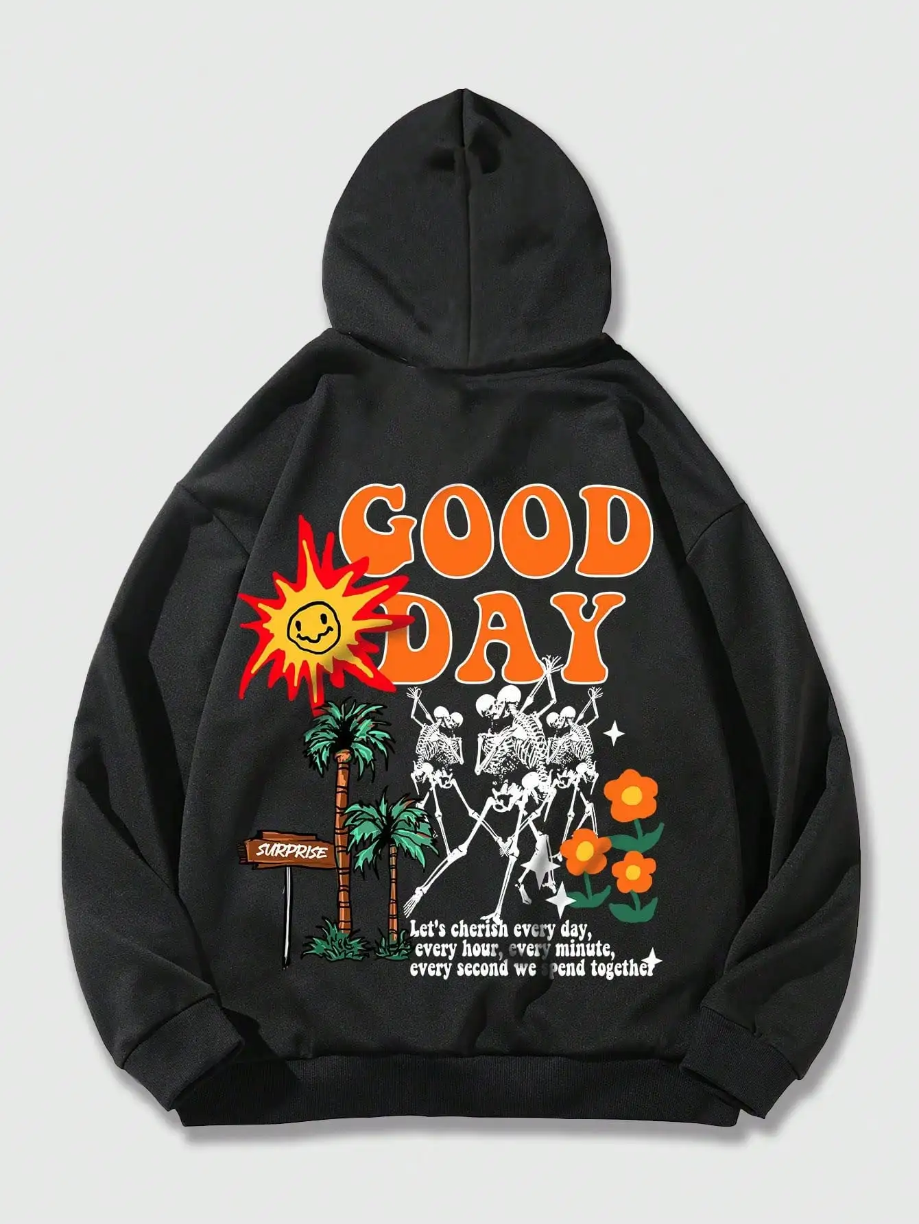 

Good Day Flower Coconut Tree Skull Dancing Party Design Male Hoodies Hip Hop Pocket Streetwear Fashion Fleece Hoody Men Clothes