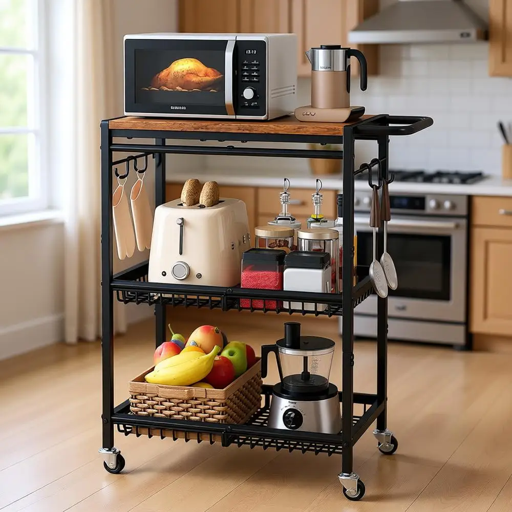 

Винтажная 3-ярусная кухонная тележка на колесиках с ручкой и блокируемыми колесами, грузоподъемность 95 кг, для кухни, столовой и домашнего офиса