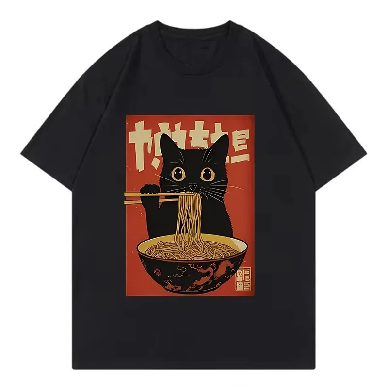 Lustiges Ramen-Katzen-T-Shirt für Damen, Sommer, lockere Kurzarm-Tops, modische Tier-Grafik-T-Shirts, lässige O-Ausschnitt-Kleidung
