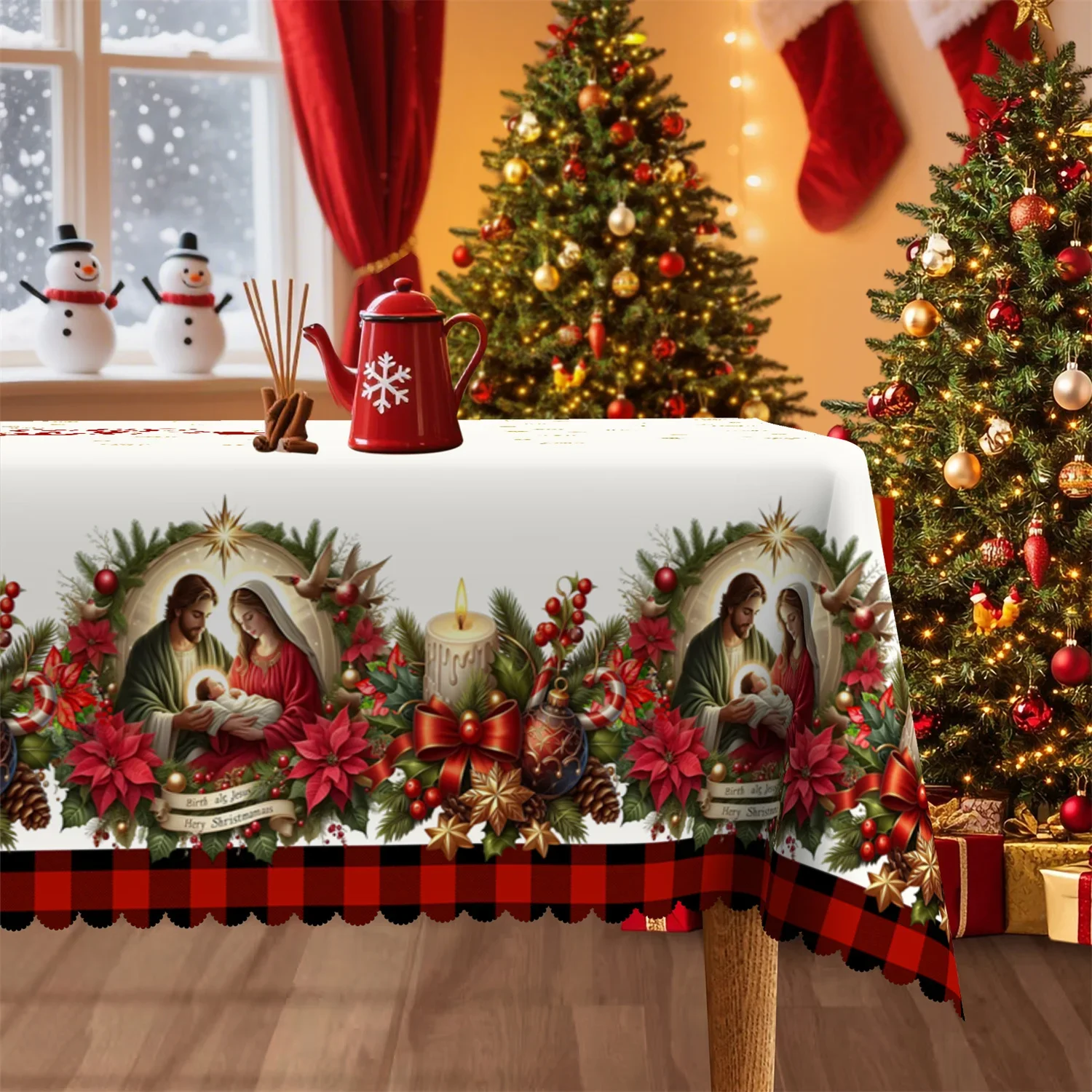 Poinsettia holly leaf fir branch bow-shaped Christmas ball Virgin Mary star Christmas tablecloth - 1 packzyc