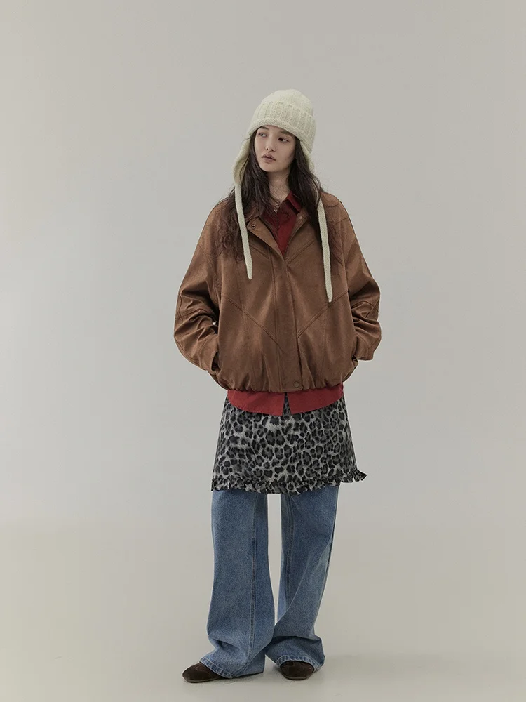 LITLECOT サドルブラウン スエード ショートコート レディース 秋冬 新スタイル カジュアル 多用途 アウター ストレートカット 長袖 ジッパー