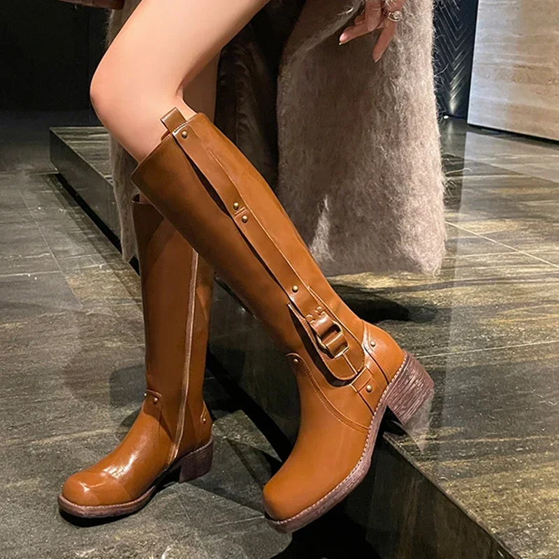 Yozcttaa Size 33-40 Knee High Boots For Women Genuine Leather Buckle Knight Boots Thick Heels Shoes Winter 2025 Platform Boots