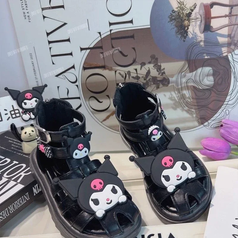 2024 Cute Kuromi Sandal Girls Sanrio Kawaii Anime Black Braided Bun Head Single Shoes Summer Sweet Cute Babys Shoes Gift for Kid