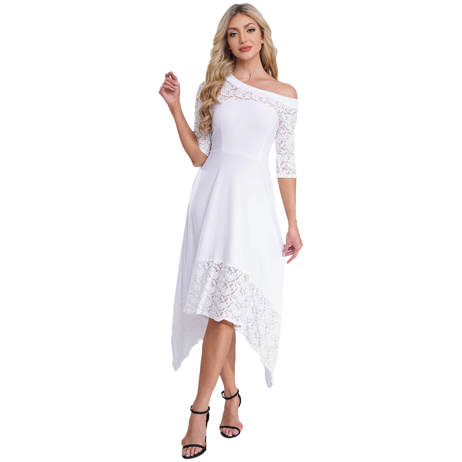 

Women Floral Lace Patchwork Dress Off Shoulder Half Sleeve Maxi Dress Party Gowns for Wedding Celebrations Cocktails Fancy Dress