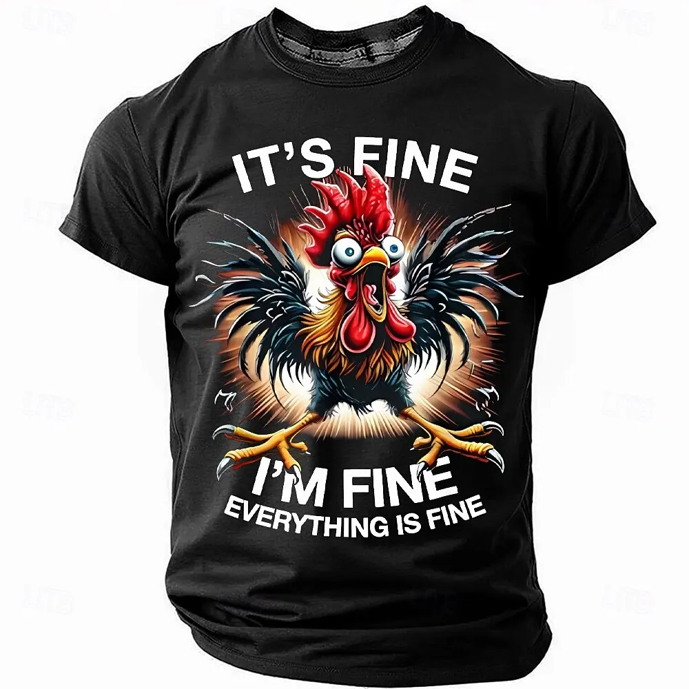 Funny Rooster Pattern Men's T-Shirts Fashion Letter Print Tees Casual O-neck Loose Short Sleeve Tops Street Hip Hop y2k Clothes