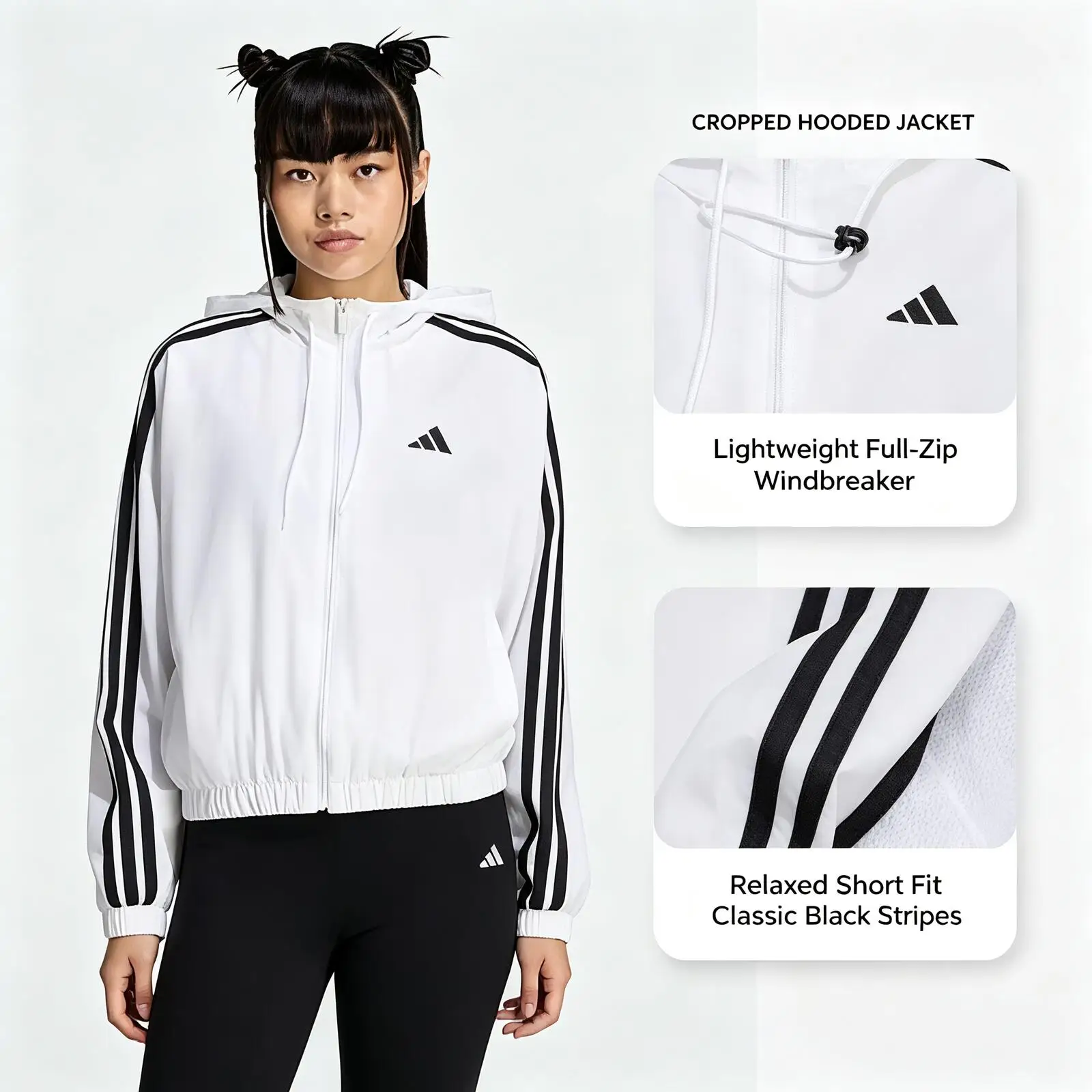 Adidas W 3S WV WB KX0783 Cropped Hooded Windbreaker Short Jacket with Black Striped Sleeves Casual Sporty Streetwear