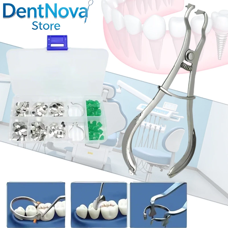 

Dental Rubber Dam Clamps Kit 4 Sizes with Ivory Forceps Matrix Retainer Rings, Root Canal Surgery Tools