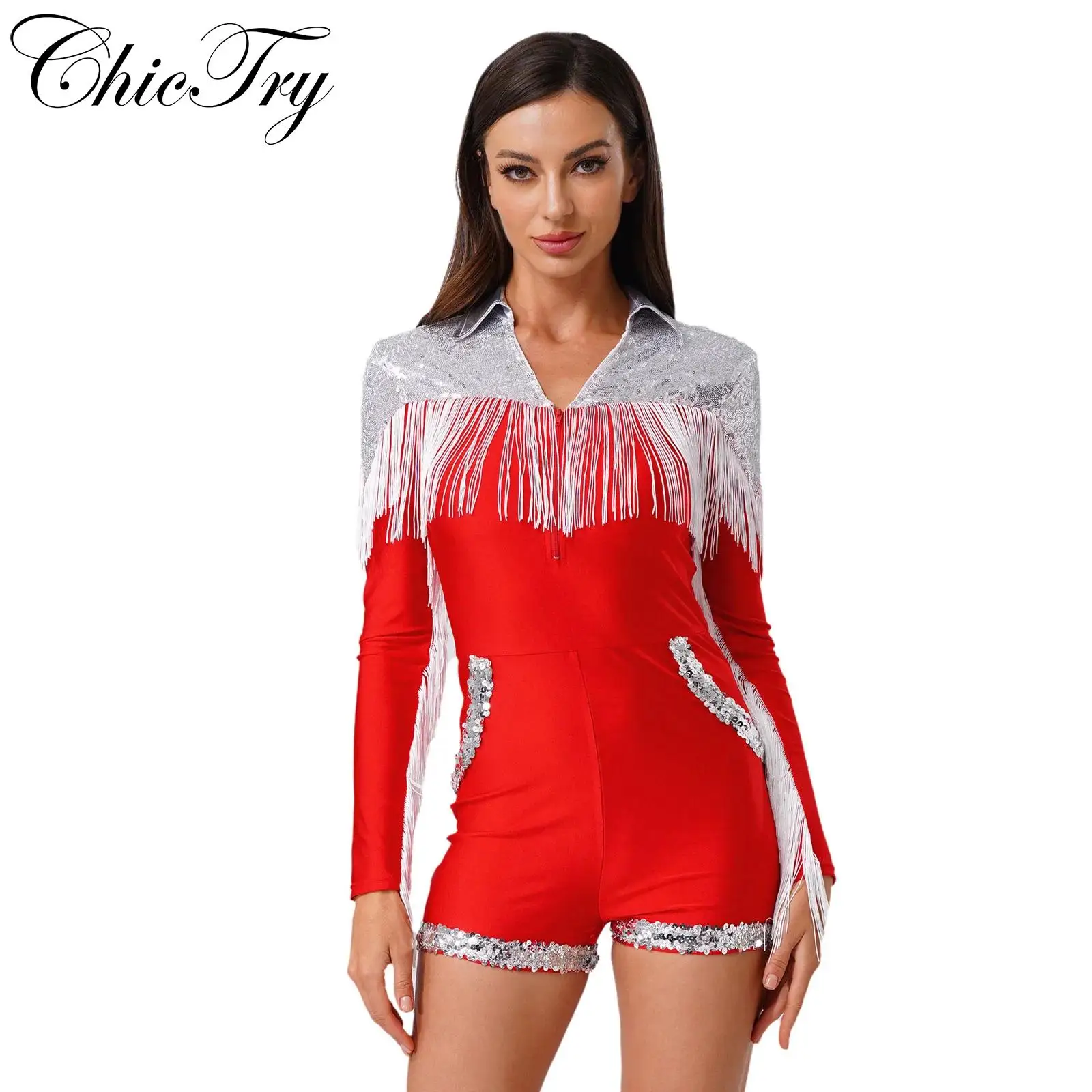 

Womens Western Cowgirl Costume Halloween Cosplay Playsuit Long Sleeve Tassel Fringe Boyshorts Rompers 70s 80s Disco Dancewear