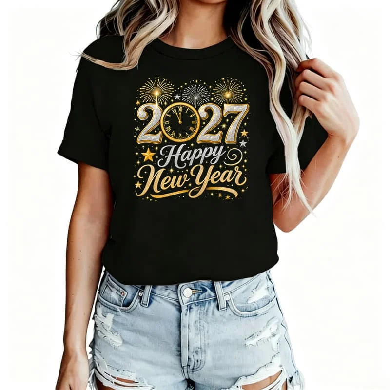 2027 Happy New Year Women's T-Shirt 100% Cotton Funny Graphic Short Sleeve Tee Novelty Shirt Casual Crew Neck Top S-5Xl