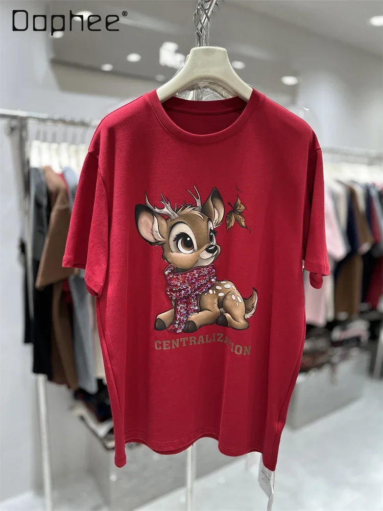 

Winter Thickened Cotton Heavy Industry New Year's Deer Loose Medium Length Short Sleeve T-Shirt Cartoon Half Sleeve Top Women