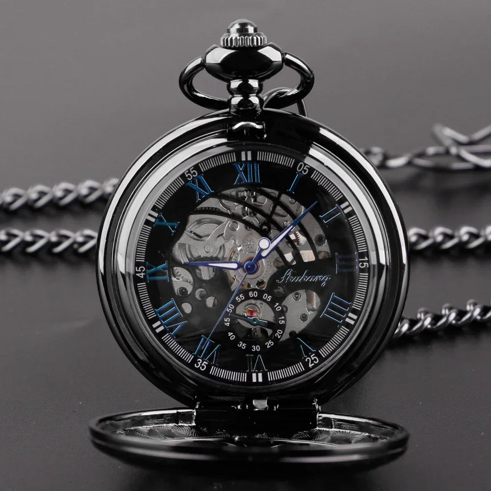 Vintage Black Semicircle Mechanical Hand Wind Pocket Watch Chain Luxury Steampunk Women Men Watches Fob Male Clock Gifts