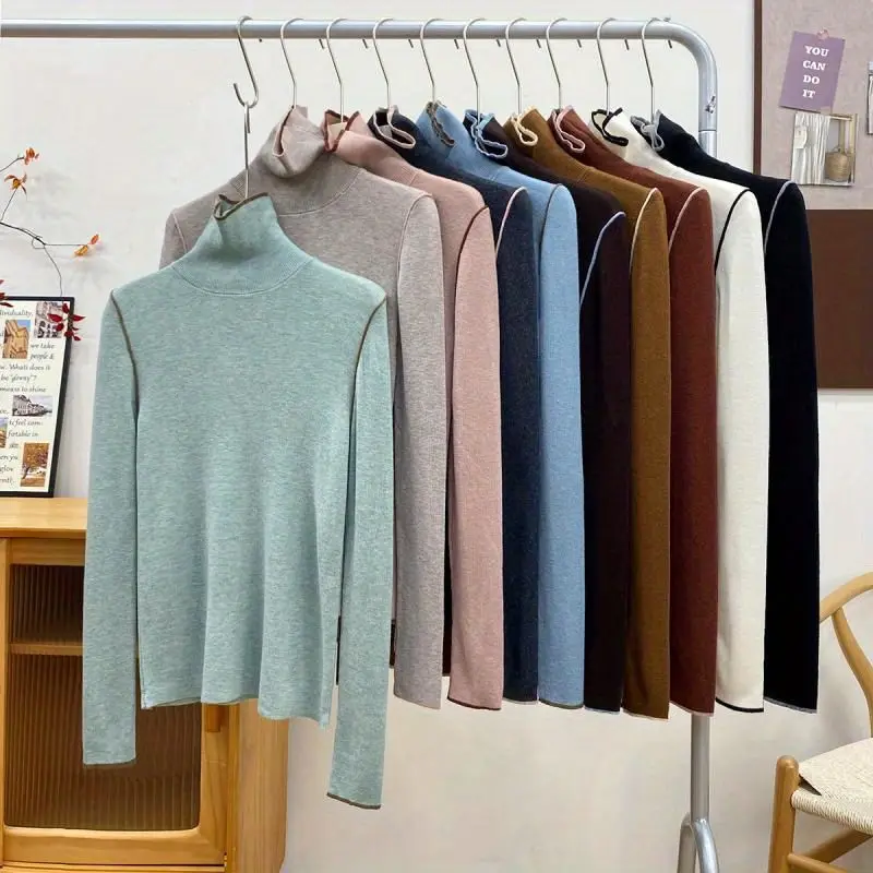 Autumn Winter Women Color Block Turtleneck Sweater Blend Wool Plush Knit Layering Knitwear Top