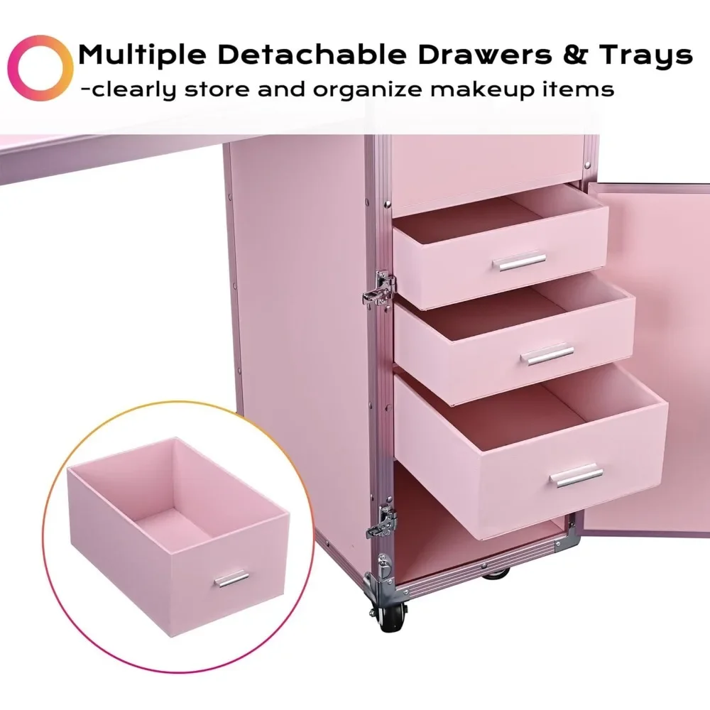 Rolling Manicure Table Portable Nail Table Foldable Nail Desk Travel Makeup Train Case Cosmetic Trolley Storage Organizer