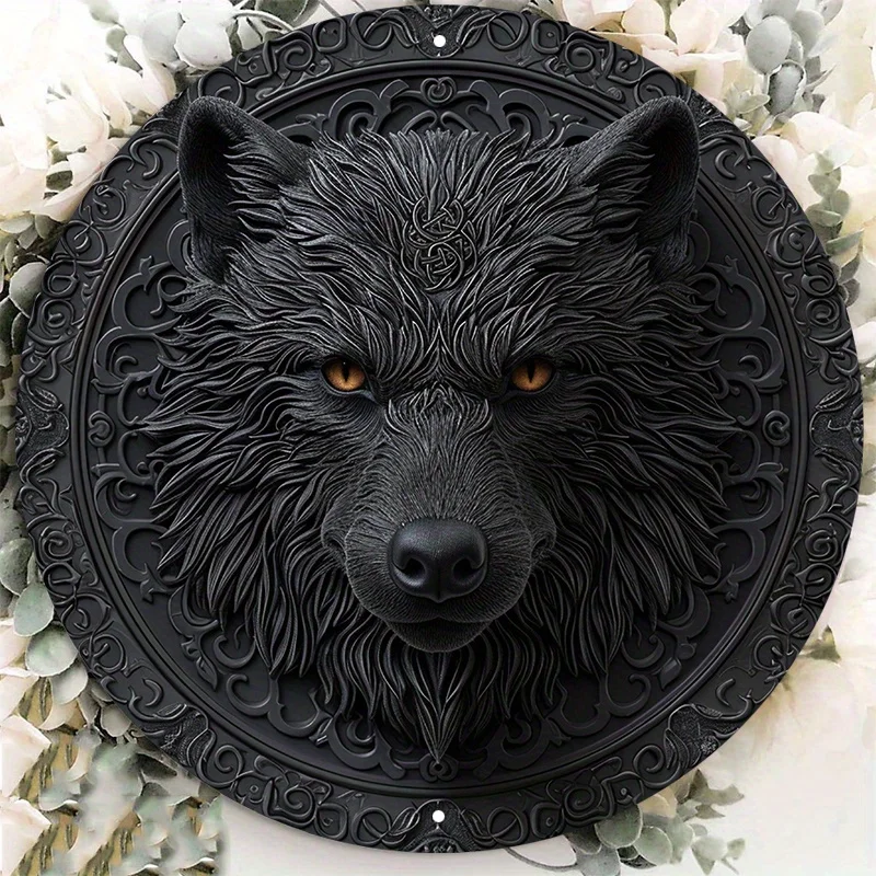 

Wolf Design Aluminum Wall Decor, Round Metal Sign with HD Printing, Weather-Resistant for Door Hanging and Home Decoration