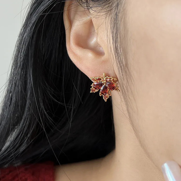 PONYKISS-pendientes de plata 925 con hojas rojas para mujer, joyería fina de plantas a la moda, accesorios minimalistas