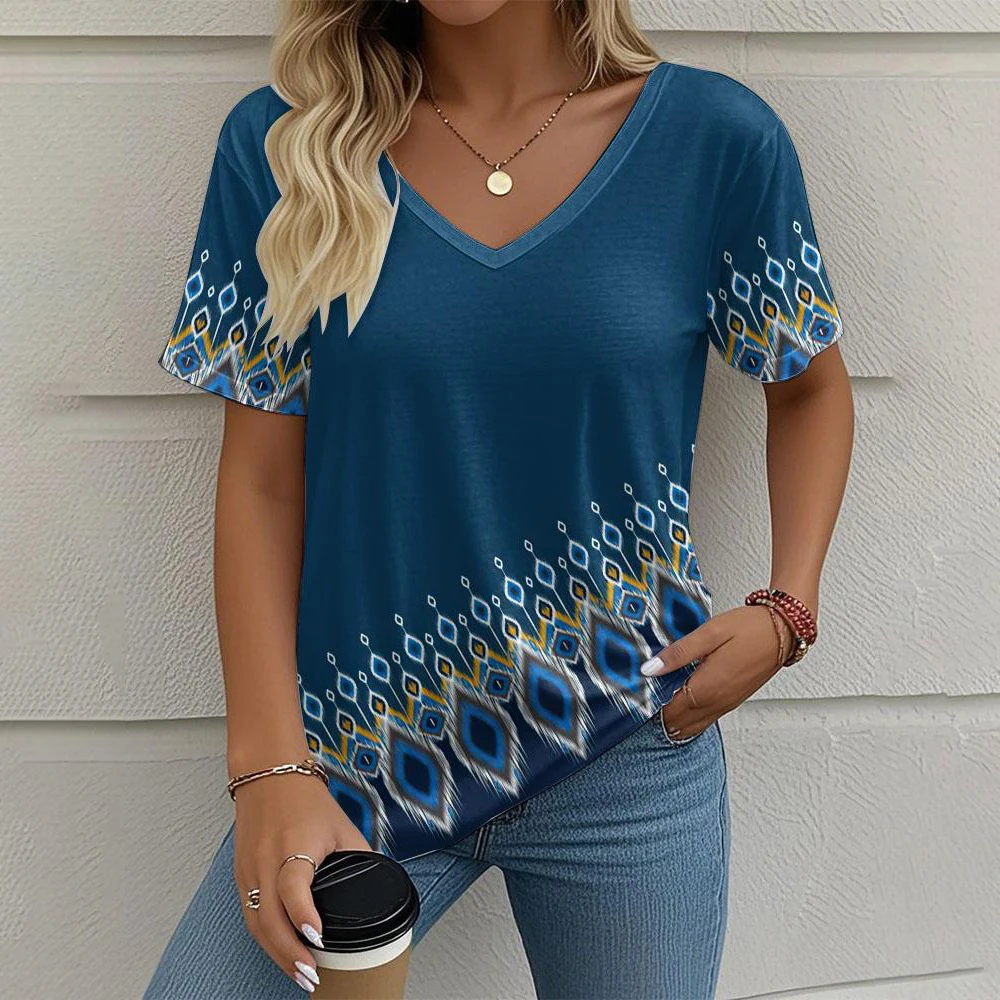 T-Shirt femme imprimé géométrique Style ethnique mode décontracté surdimensionné col en v t-shirts été vêtements pour femmes