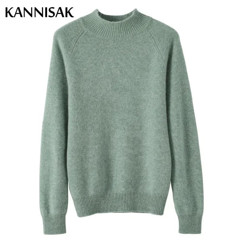 2024 Autumn Winter Thick Warm Sweater Women Half High Collar Cashmere Sweater Korean Solid Green Casual Basic Pullover Knitwear