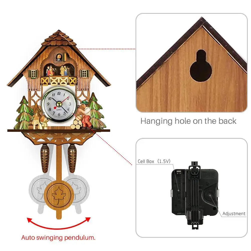 Cuckoo Clock Antique Wooden Cuckoo Birdhouse Wall Clock Home Decor Wall Art  Auto Swing Bell Pendulum