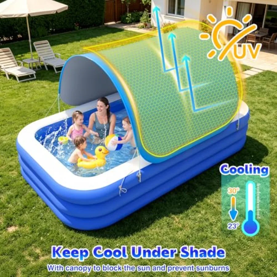 Backyard inflatable swimming pool with canopy for adults and kids PVC blue/white UV-resistant shade large 102 × 65 × 23 foldabl
