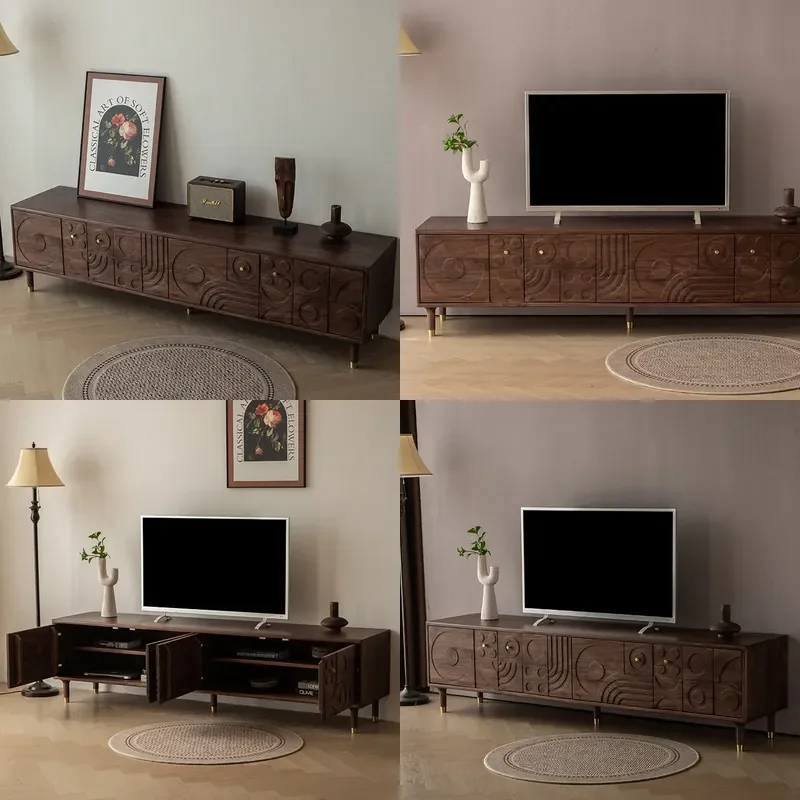 Nordic Black Walnut Solid Wood TV Stand with Carved Floral Details French Retro Style Living Room Storage Cabinet Light